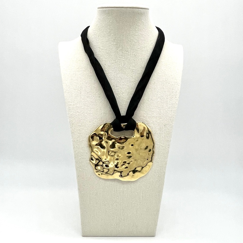 80s Huge Pauline Trigere Haute Couture‎ Gold Tone Silk Tie Statement Necklace